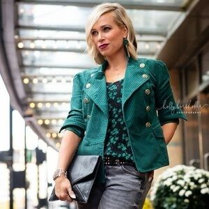 Cabi Lennon Military Style Green Corduroy Gold‎ Buttons Jacket Size Small